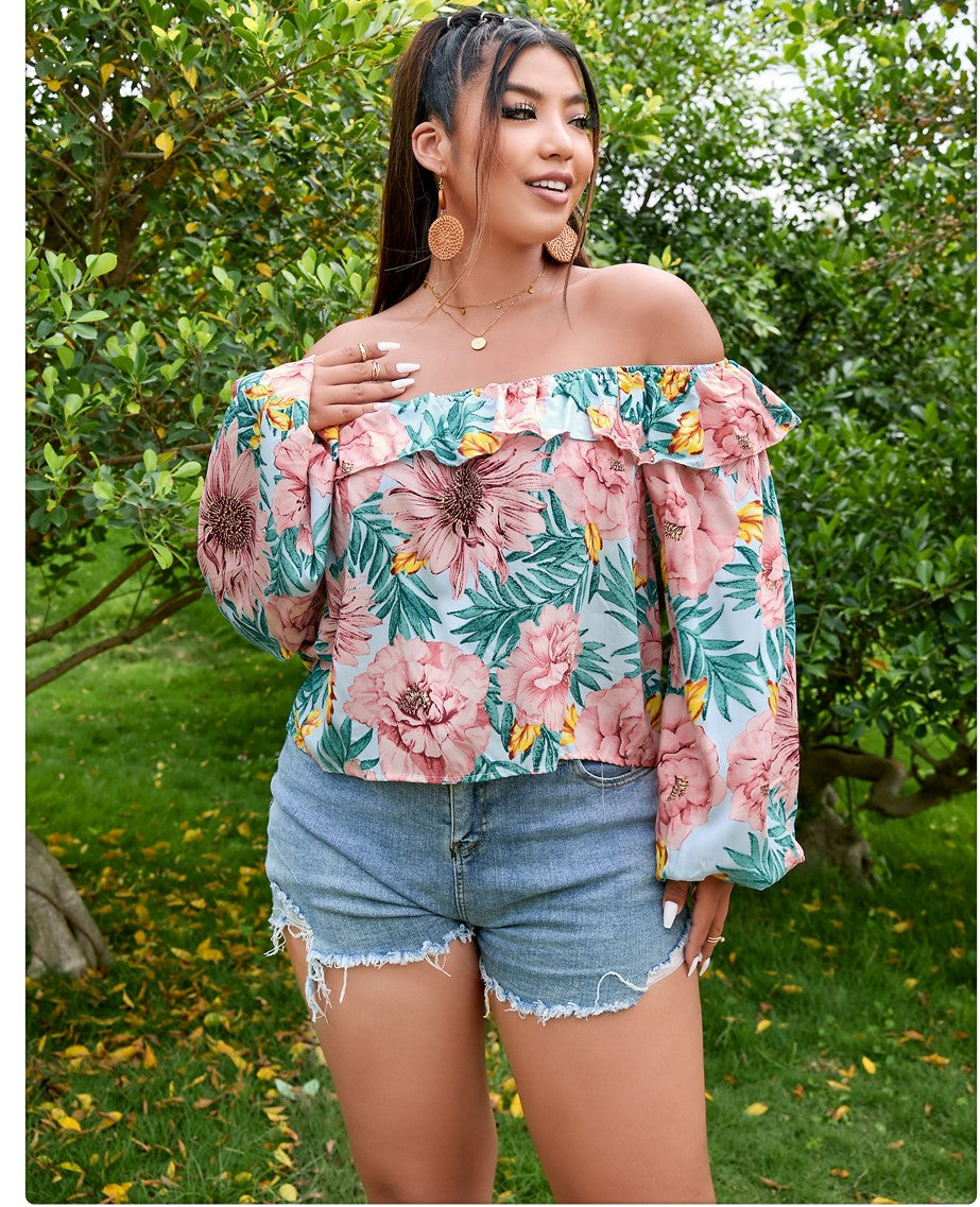 Curvy Women Top With Blue White Flower Colors One Shoulder Top Summer Versatile Short Long Sleeves