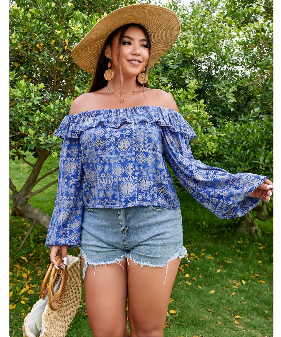 Curvy Women Top With Blue White Flower Colors One Shoulder Top Summer Versatile Short Long Sleeves