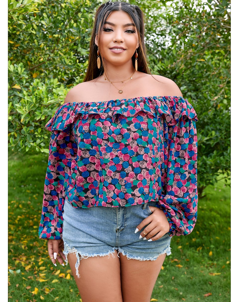 Curvy Women Top With Blue White Flower Colors One Shoulder Top Summer Versatile Short Long Sleeves