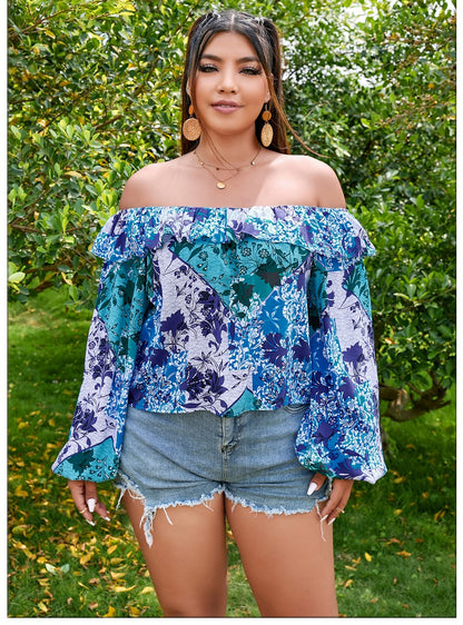 Curvy Women Top With Blue White Flower Colors One Shoulder Top Summer Versatile Short Long Sleeves