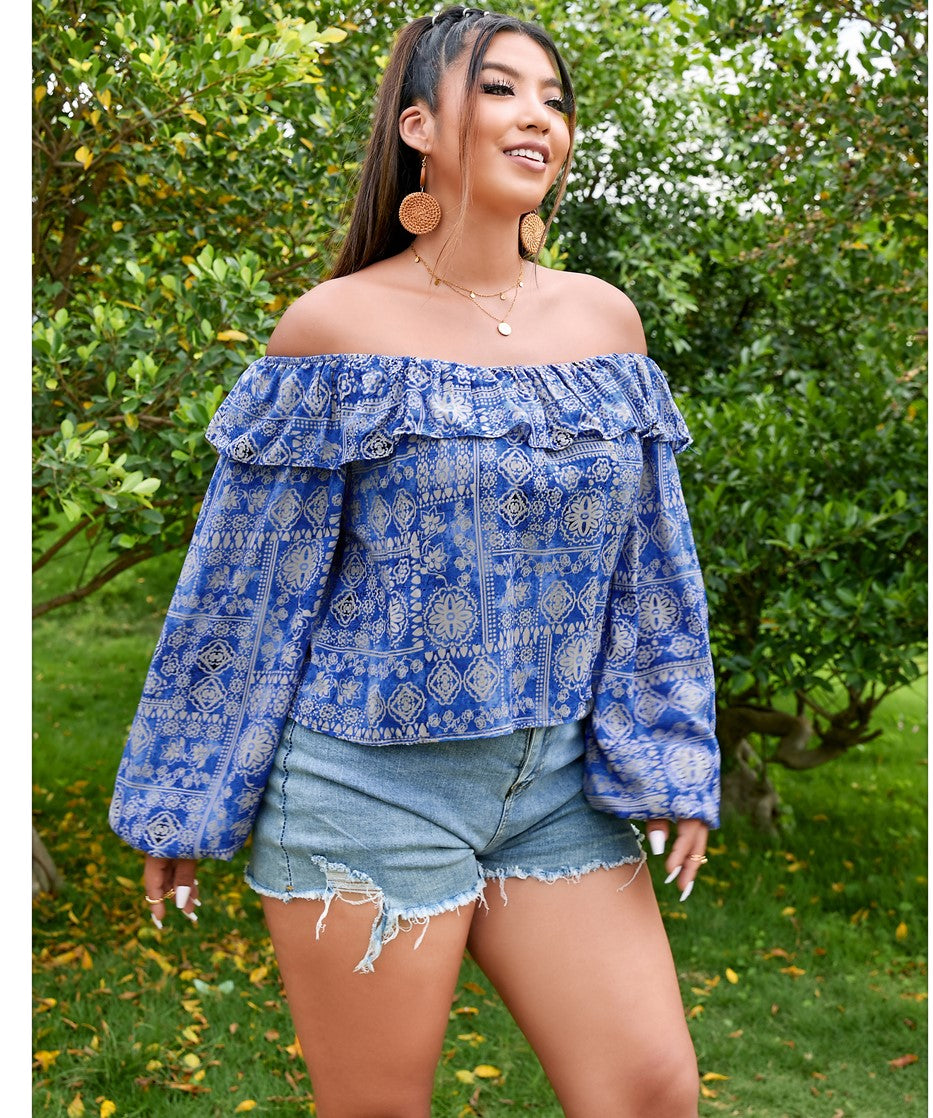 Curvy Women Top With Blue White Flower Colors One Shoulder Top Summer Versatile Short Long Sleeves