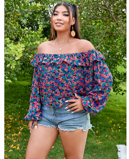 Curvy Women Top With Blue White Flower Colors One Shoulder Top Summer Versatile Short Long Sleeves