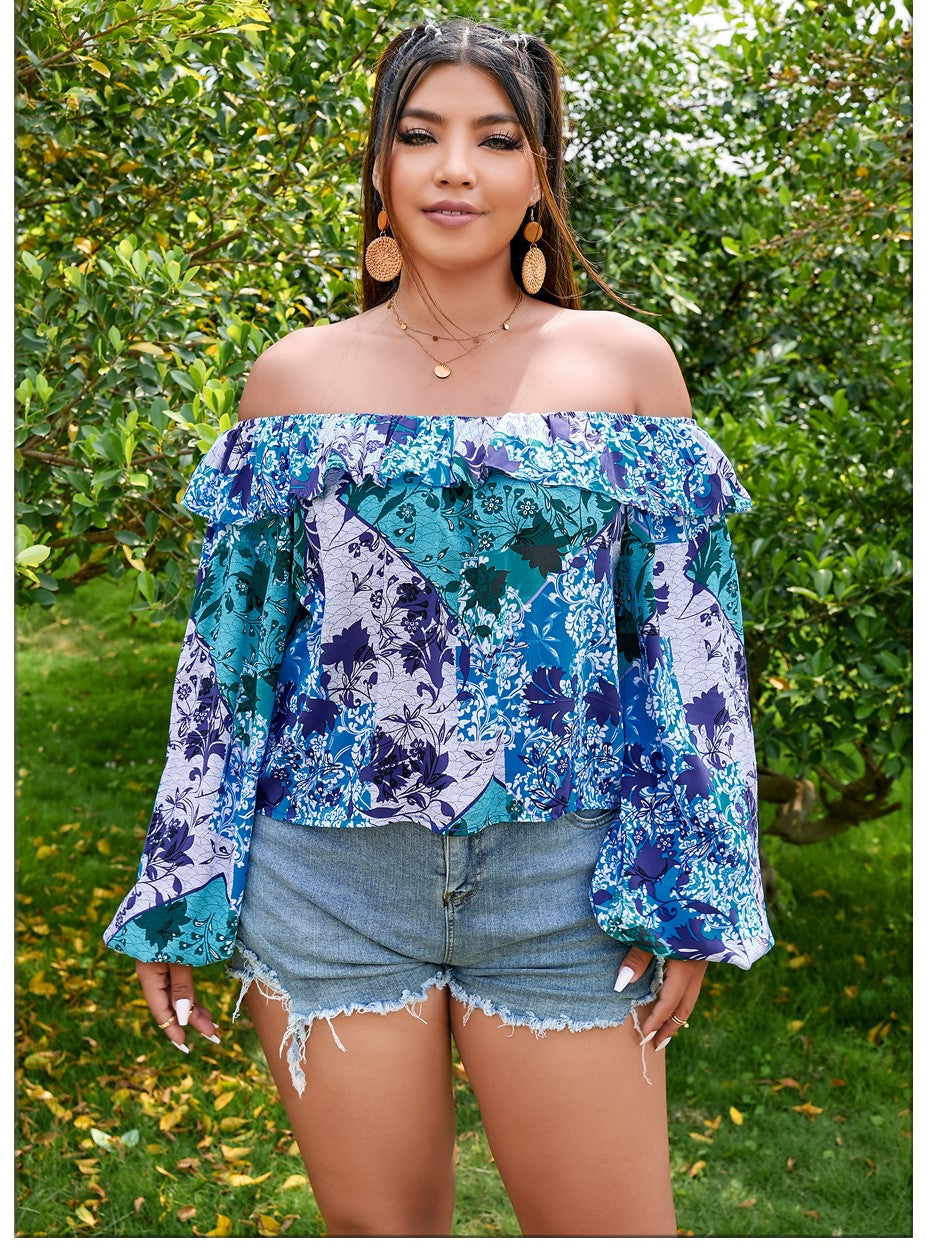 Curvy Women Top With Blue White Flower Colors One Shoulder Top Summer Versatile Short Long Sleeves