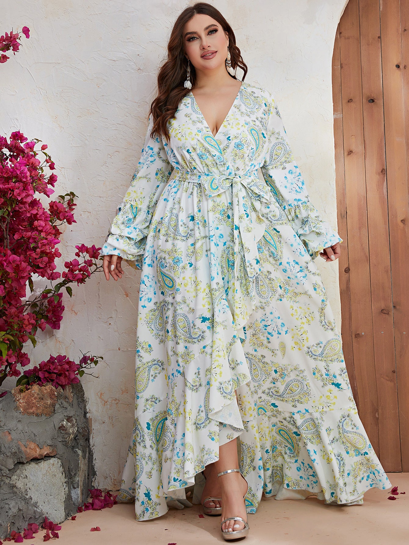 Curvy Women Maxi Dress Chiffon V Neck Long Sleeve Dress Split Print Casual