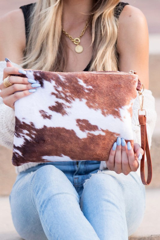 Bold Faux Fur Cow Animal Print Clutch