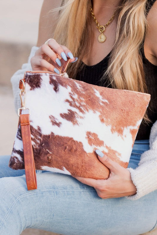 Bold Faux Fur Cow Animal Print Clutch