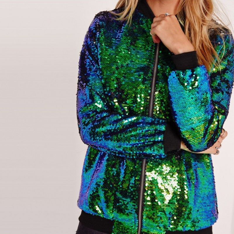 Curvy Casual Women Sequined Plus Size Loose Varsity Jacket