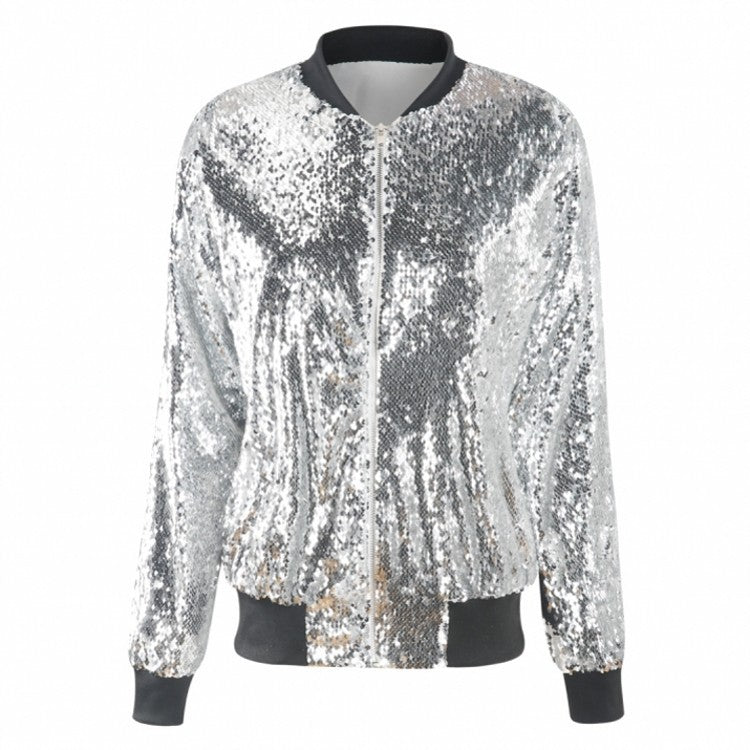 Curvy Casual Women Sequined Plus Size Loose Varsity Jacket