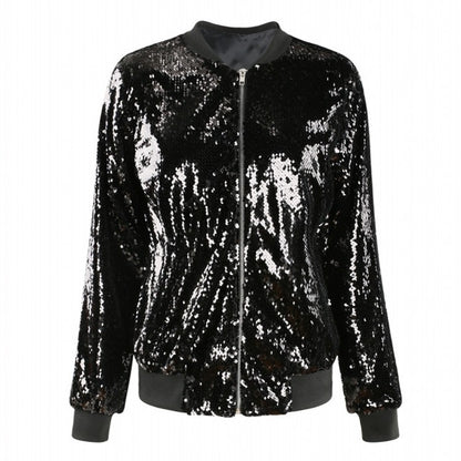 Curvy Casual Women Sequined Plus Size Loose Varsity Jacket