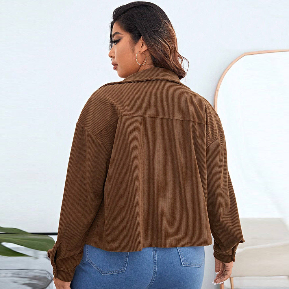 Curvy Women Loose Casual Short Corduroy Collared Plus Size Jacket