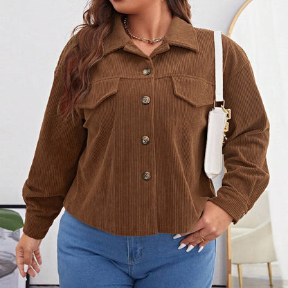 Curvy Women Loose Casual Short Corduroy Collared Plus Size Jacket