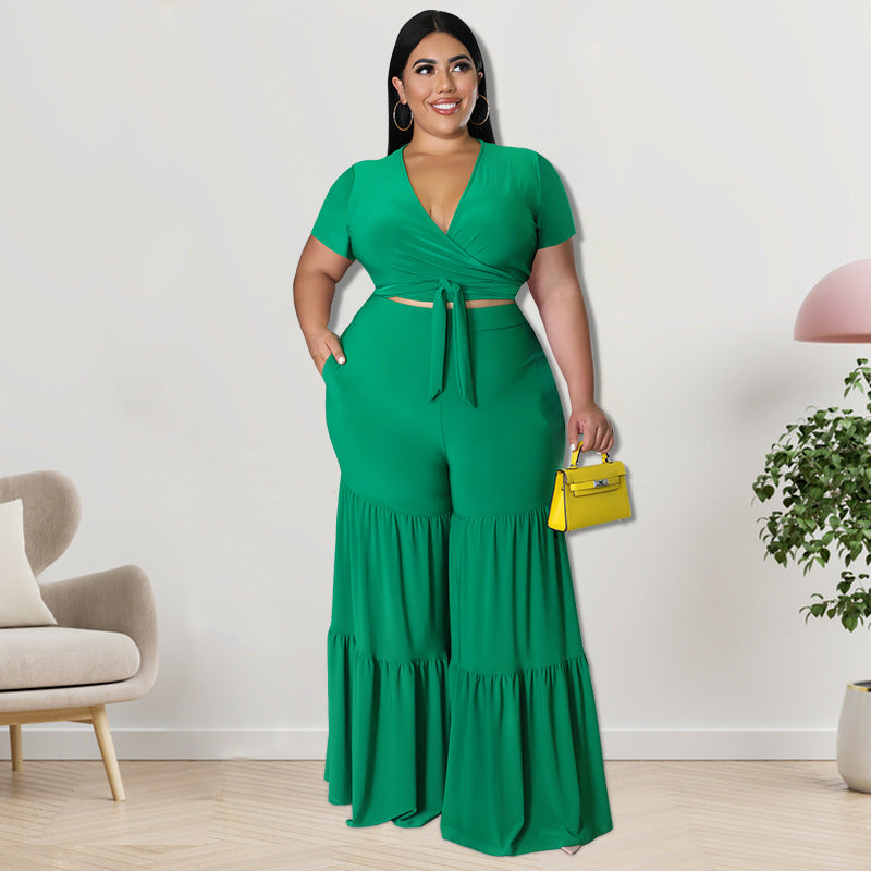 Curvy Women Two-Piece Suit Wide-Leg Pants Plus Size