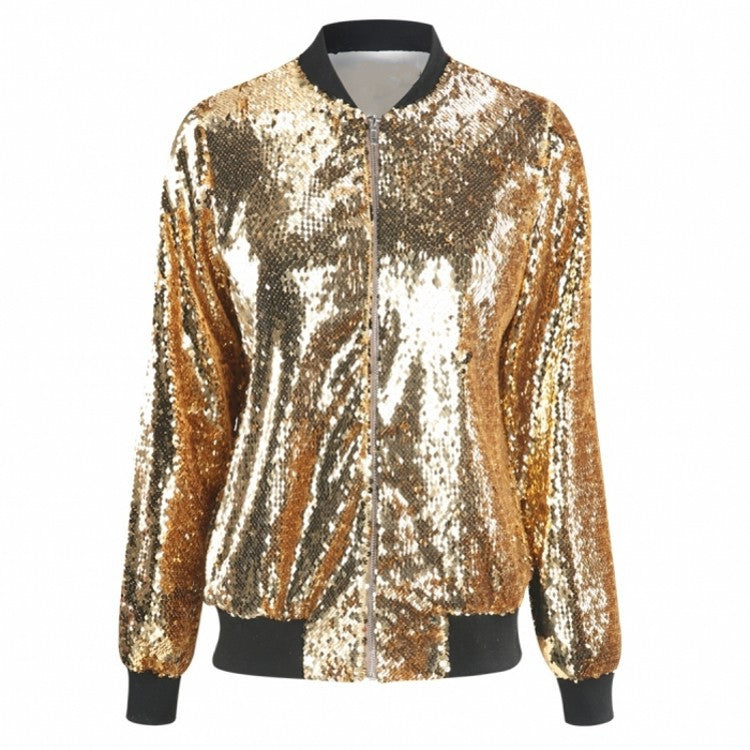 Curvy Casual Women Sequined Plus Size Loose Varsity Jacket