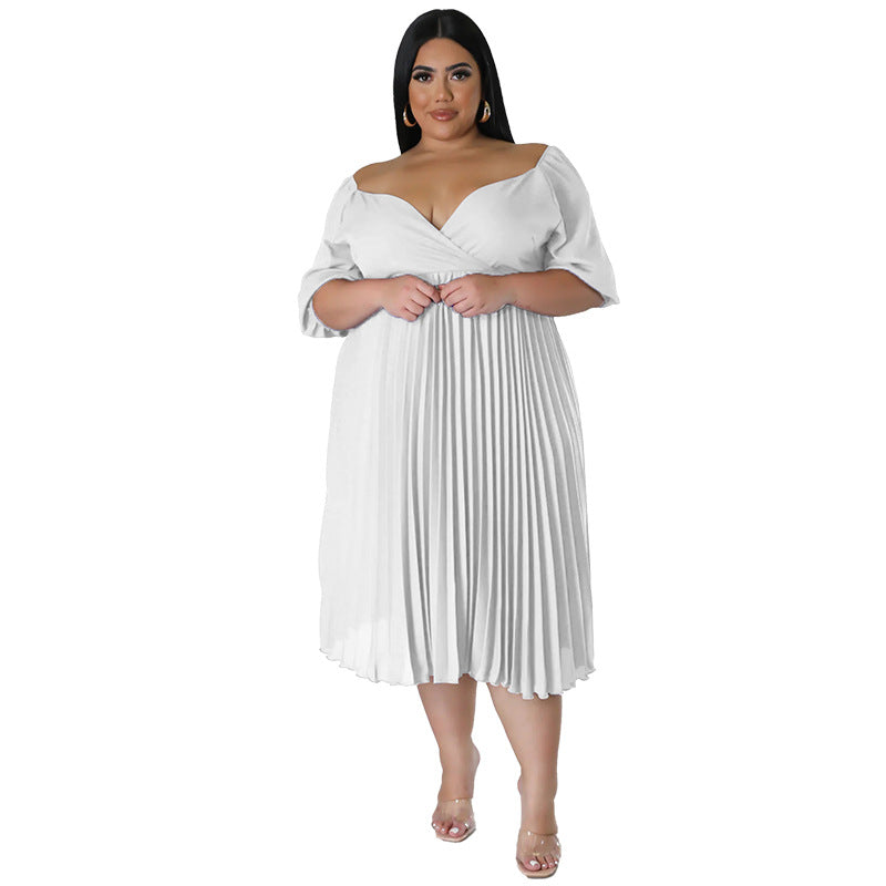 Curvy Women Clothing V neck Hem Pleated Short Sleeve Dress