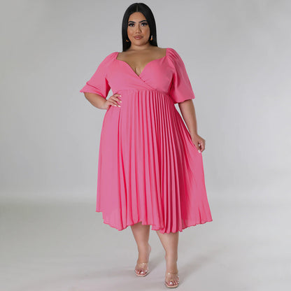 Curvy Women Clothing V neck Hem Pleated Short Sleeve Dress