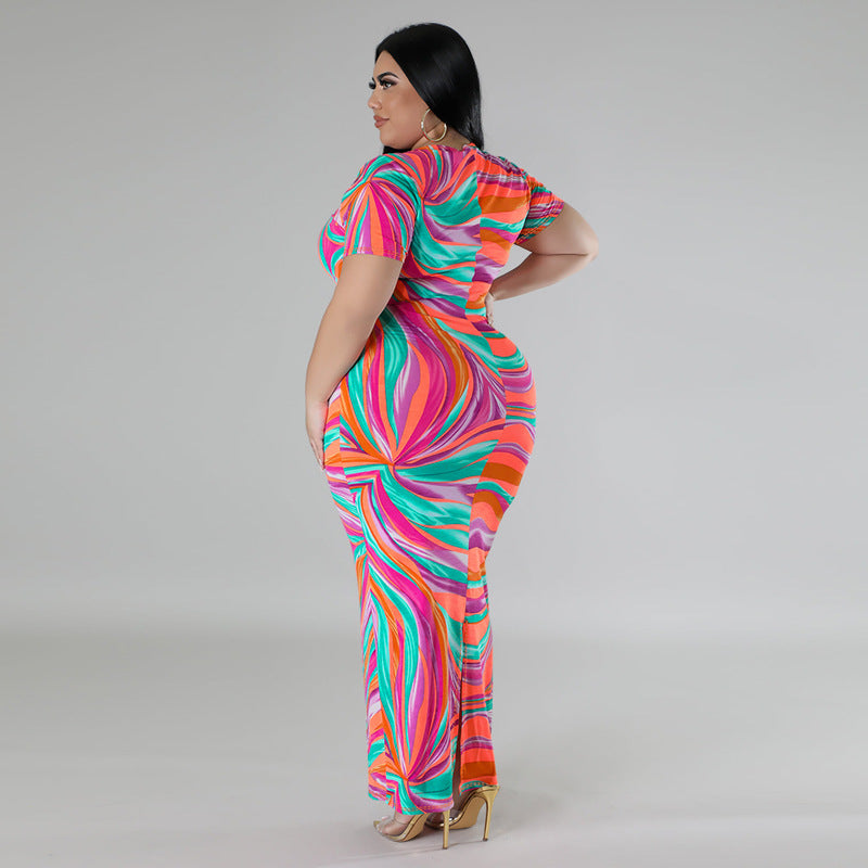 Curvy Women Knit Dress Geometric Abstract Pattern Short Sleeve V neck Dress Slits Plus Size