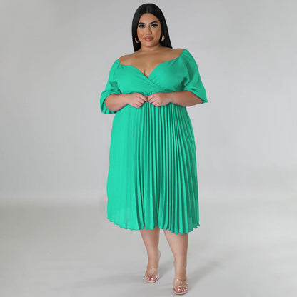 Curvy Women Clothing V neck Hem Pleated Short Sleeve Dress