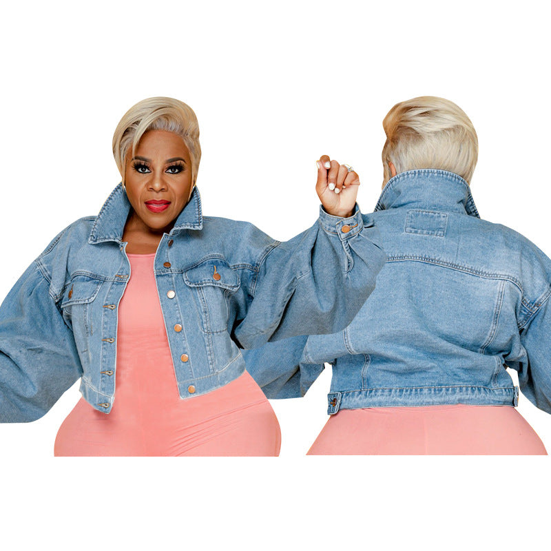 Curvy Women Clothing Denim Washed Casual Plus Size Jacket