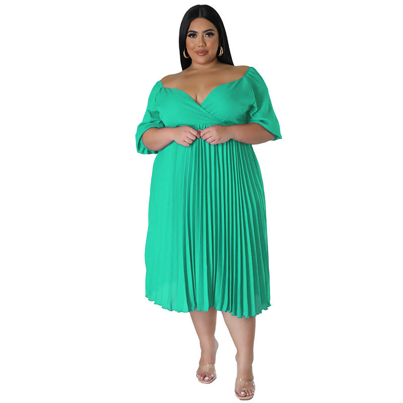 Curvy Women Clothing V neck Hem Pleated Short Sleeve Dress