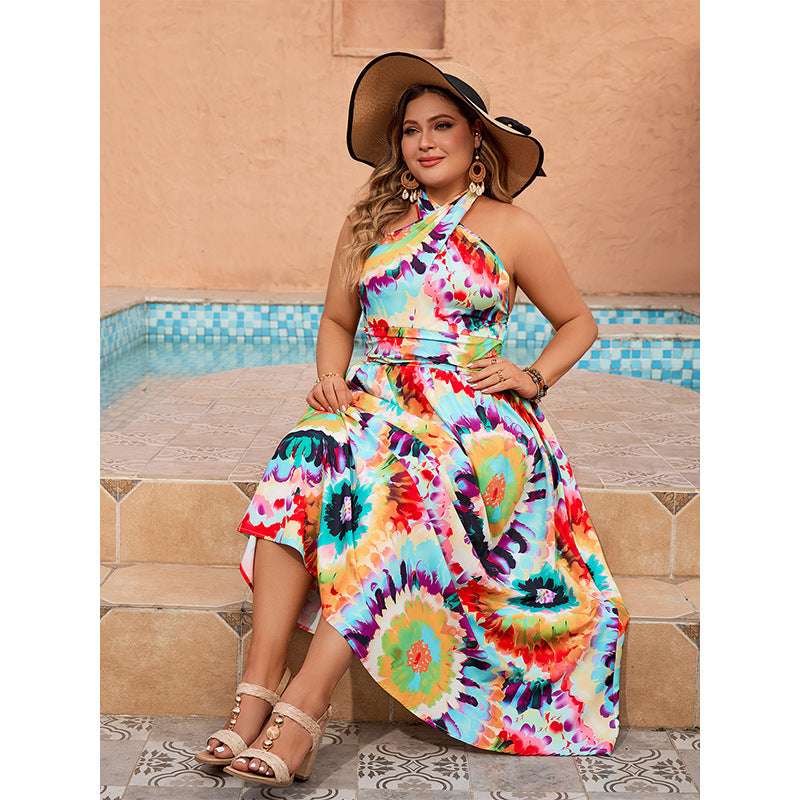 Curvy Halter Sleeveless Loose Dress Print Holiday Beach Dress for Women