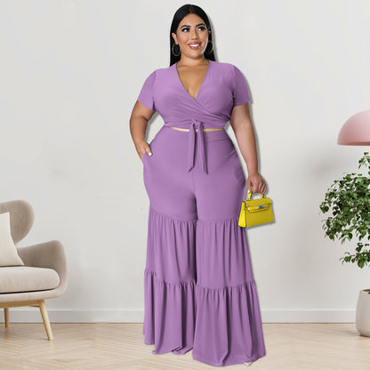 Curvy Women Two-Piece Suit Wide-Leg Pants Plus Size