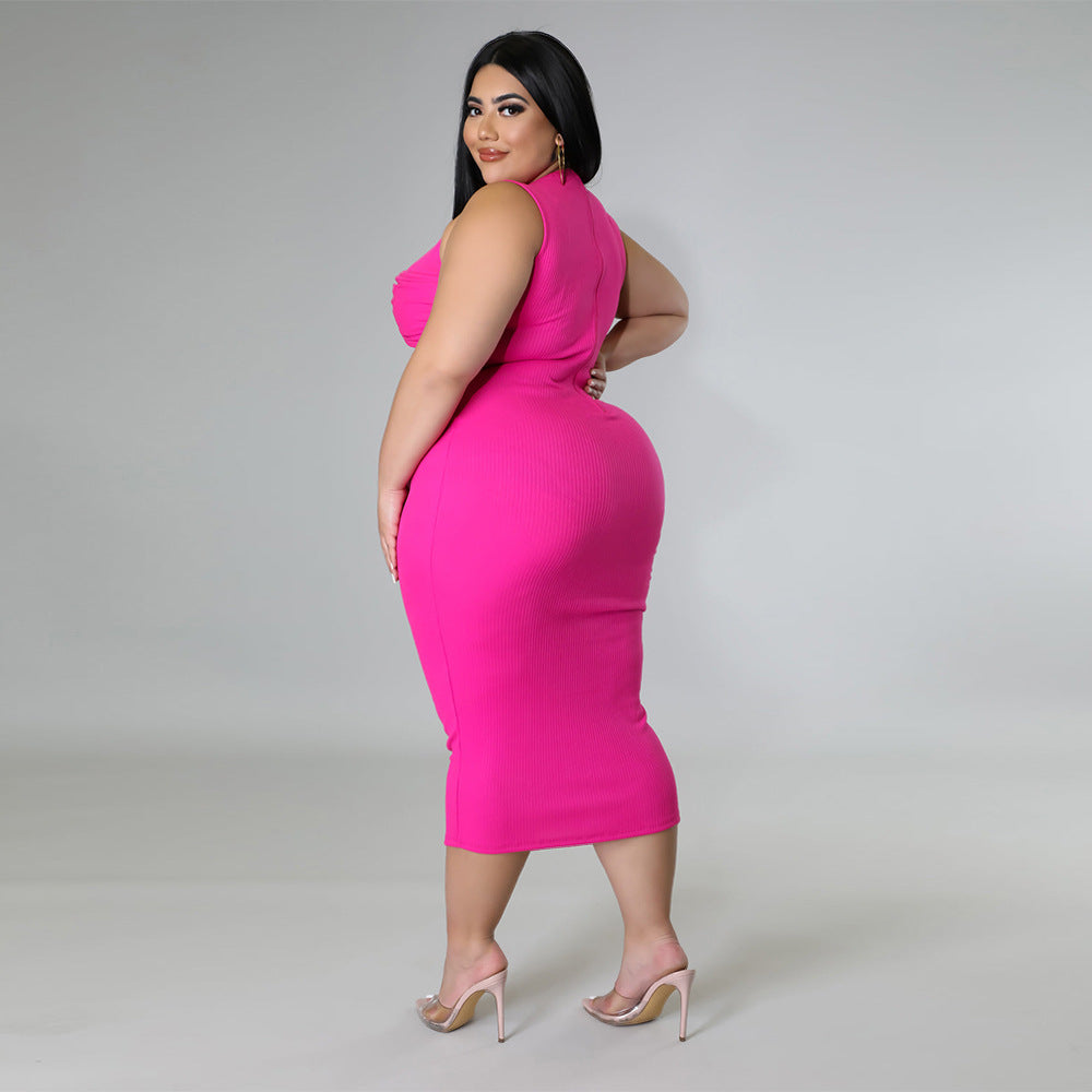 Curvy Women Clothing High Elastic Sunken Stripe Dress Sleeveless round Neck Back Zipper