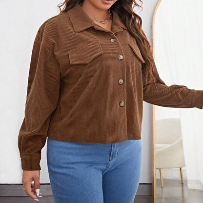 Curvy Women Loose Casual Short Corduroy Collared Plus Size Jacket