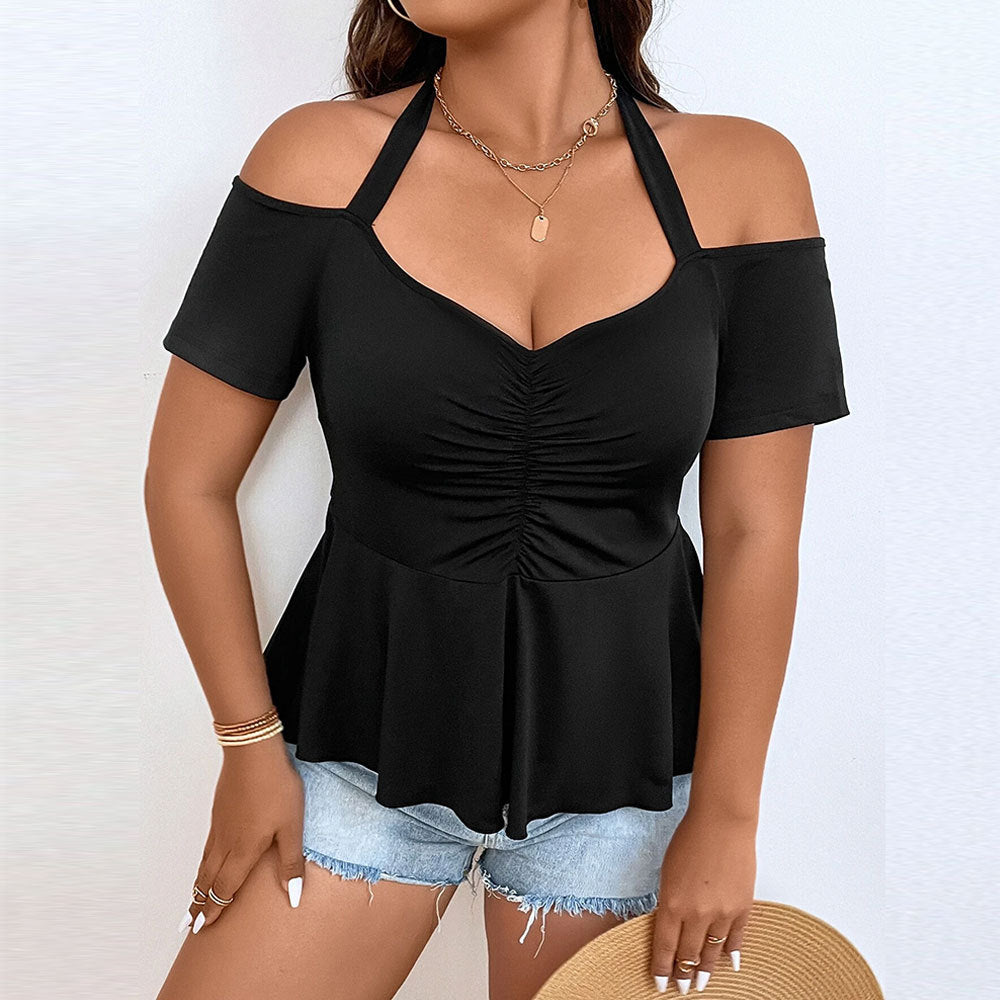 Curvy Women Sexy Strapless Halterneck Solid Color Short Sleeve Elegant Plus Size Top