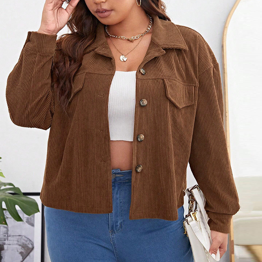 Curvy Women Loose Casual Short Corduroy Collared Plus Size Jacket