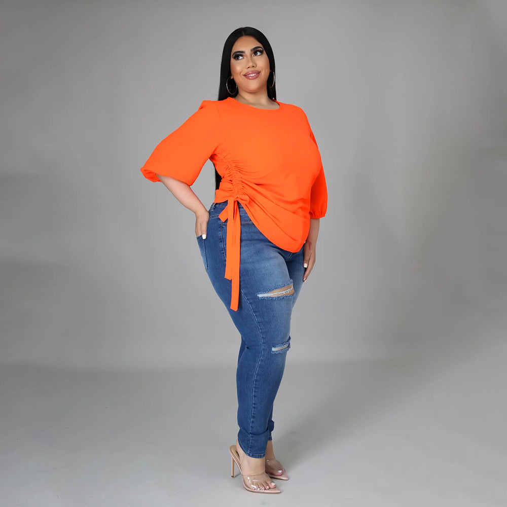 Curvy Women Solid Color round Neck Asymmetric Plus Size Top