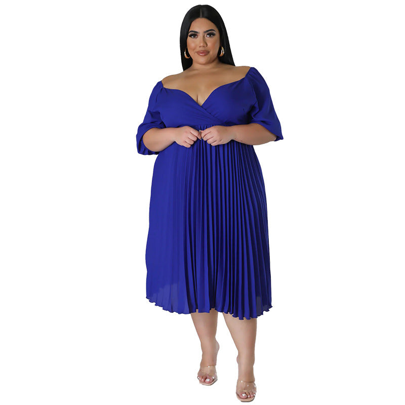 Curvy Women Clothing V neck Hem Pleated Short Sleeve Dress