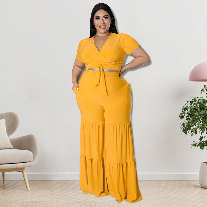 Curvy Women Two-Piece Suit Wide-Leg Pants Plus Size