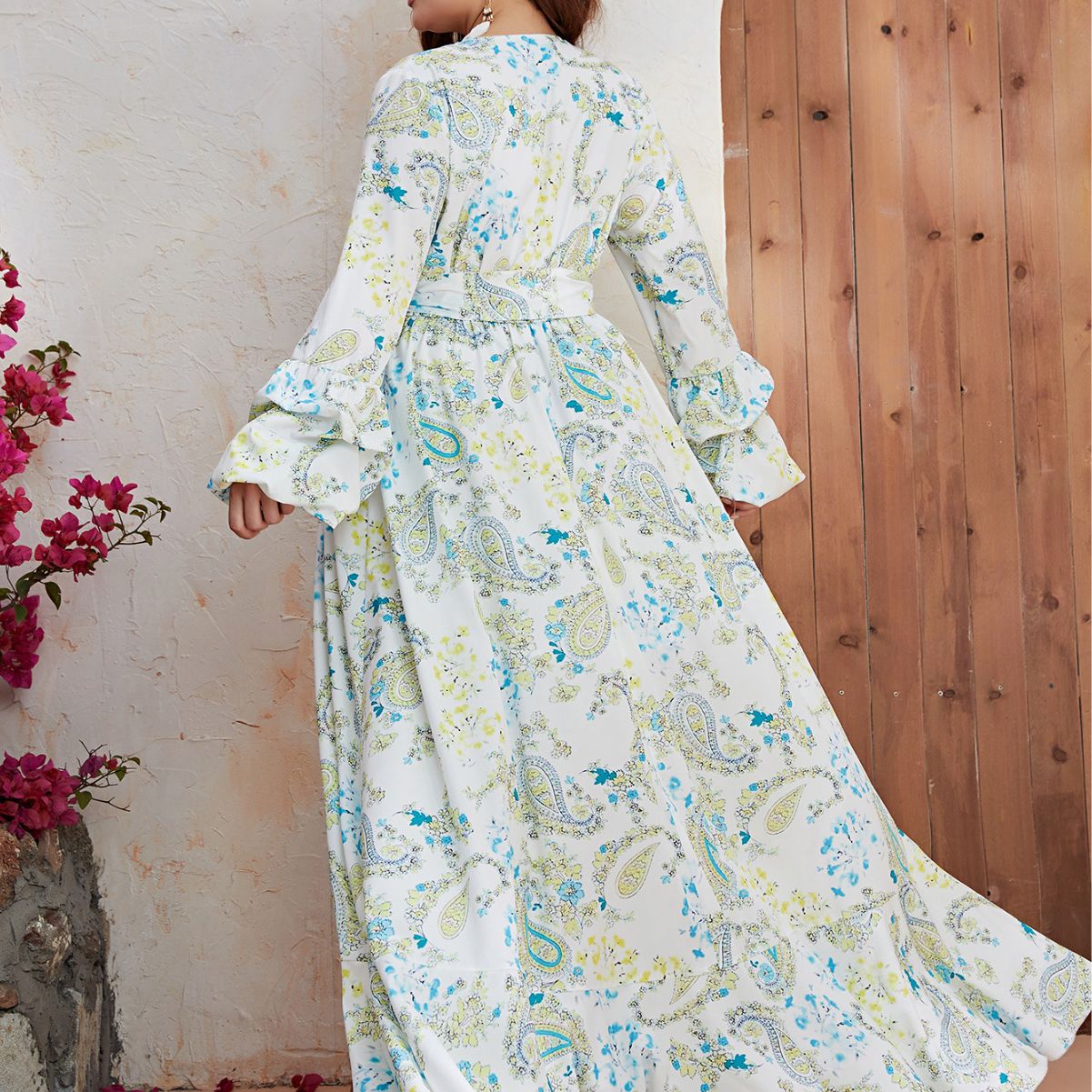 Curvy Women Maxi Dress Chiffon V Neck Long Sleeve Dress Split Print Casual