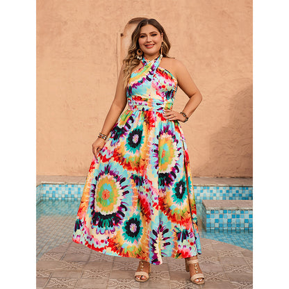 Curvy Halter Sleeveless Loose Dress Print Holiday Beach Dress for Women