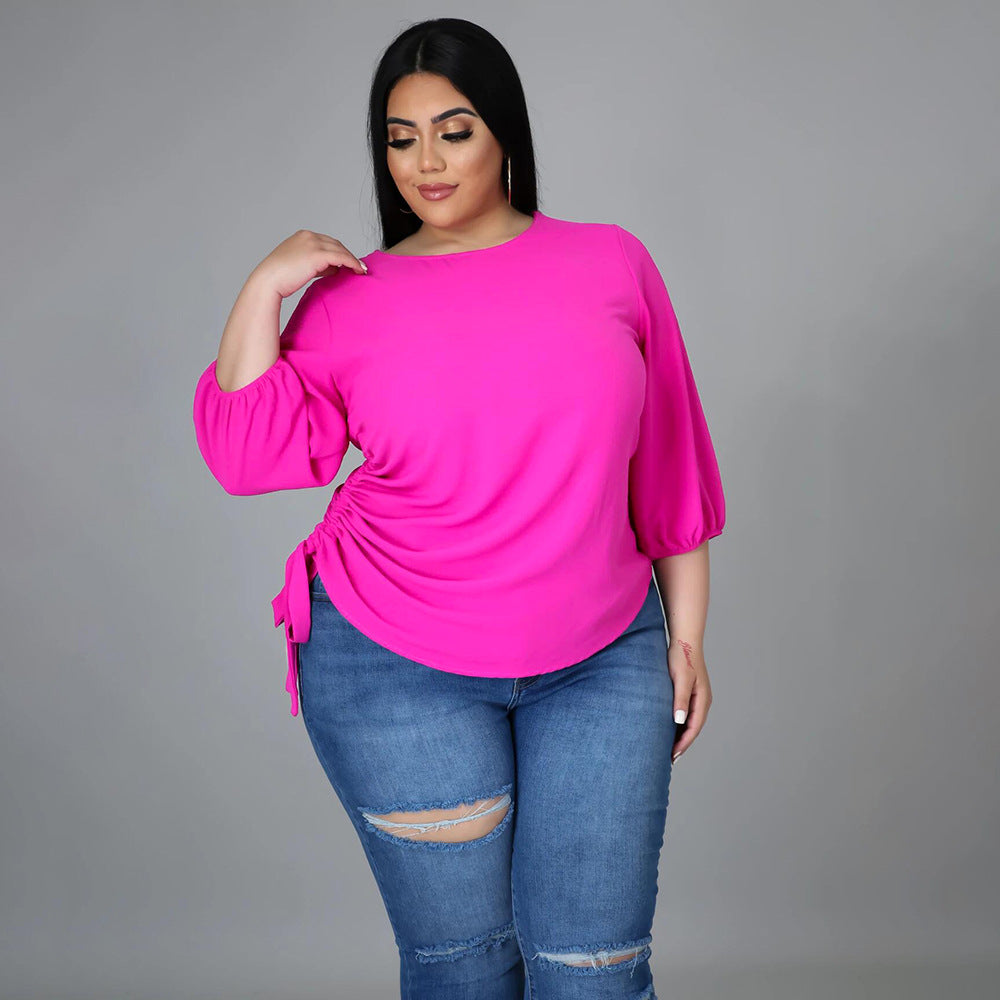 Curvy Women Solid Color round Neck Asymmetric Plus Size Top