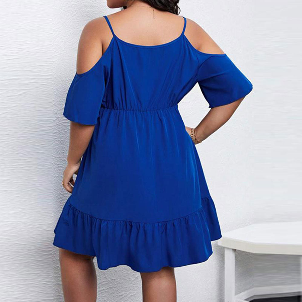 Curvy Women Waist Controlled Large Hem Sexy V Neck Cold Shoulder Elegant Plus Size Office Dress