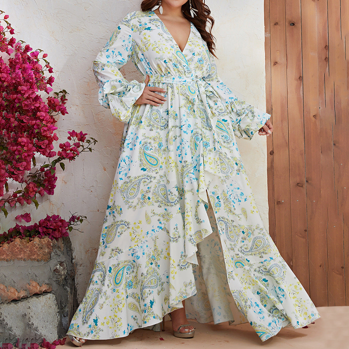 Curvy Women Maxi Dress Chiffon V Neck Long Sleeve Dress Split Print Casual