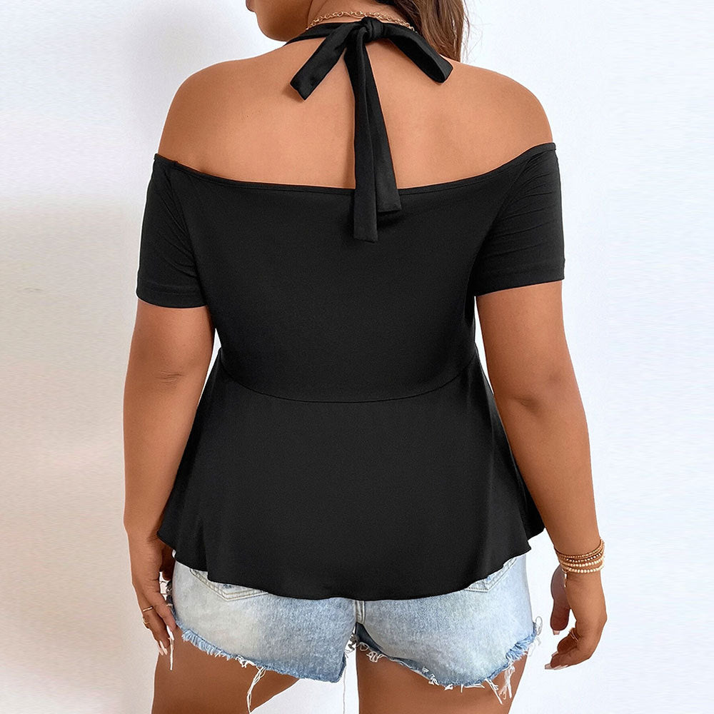 Curvy Women Sexy Strapless Halterneck Solid Color Short Sleeve Elegant Plus Size Top