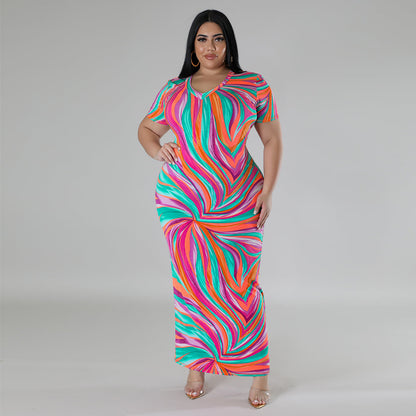 Curvy Women Knit Dress Geometric Abstract Pattern Short Sleeve V neck Dress Slits Plus Size