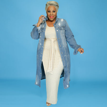 Curvy Women Clothes Ripped Casual Plus Size Denim Jacket Trend