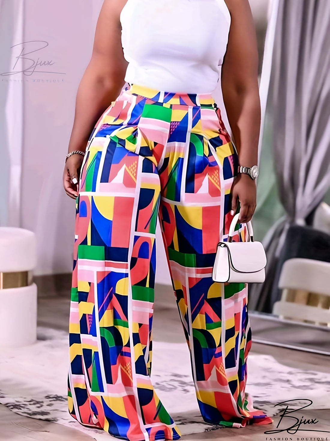 Curvy Women Square Street Printed Wide Leg Plus Size Pants