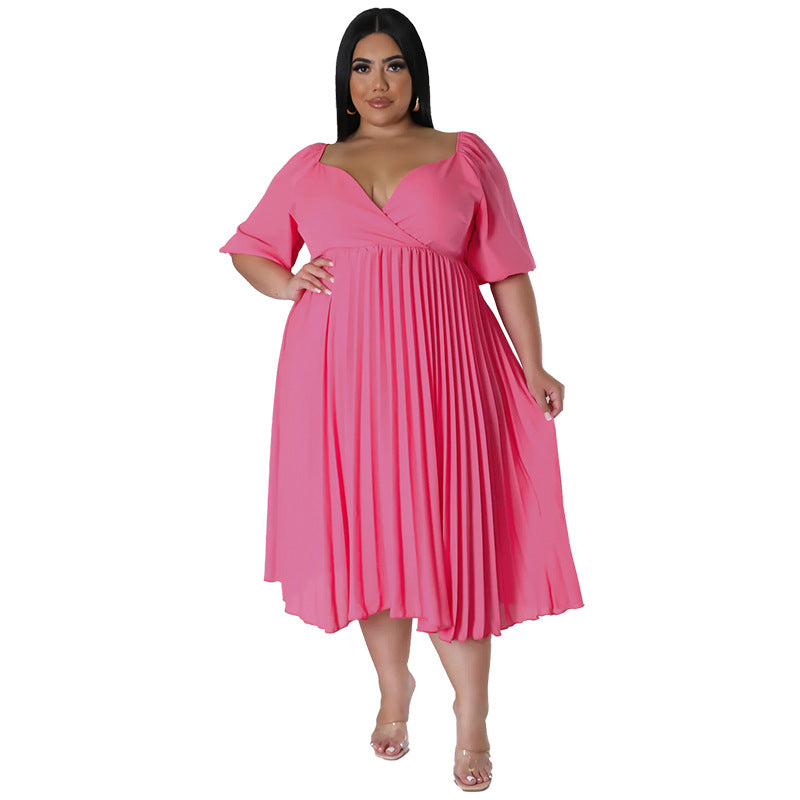 Curvy Women Clothing V neck Hem Pleated Short Sleeve Dress