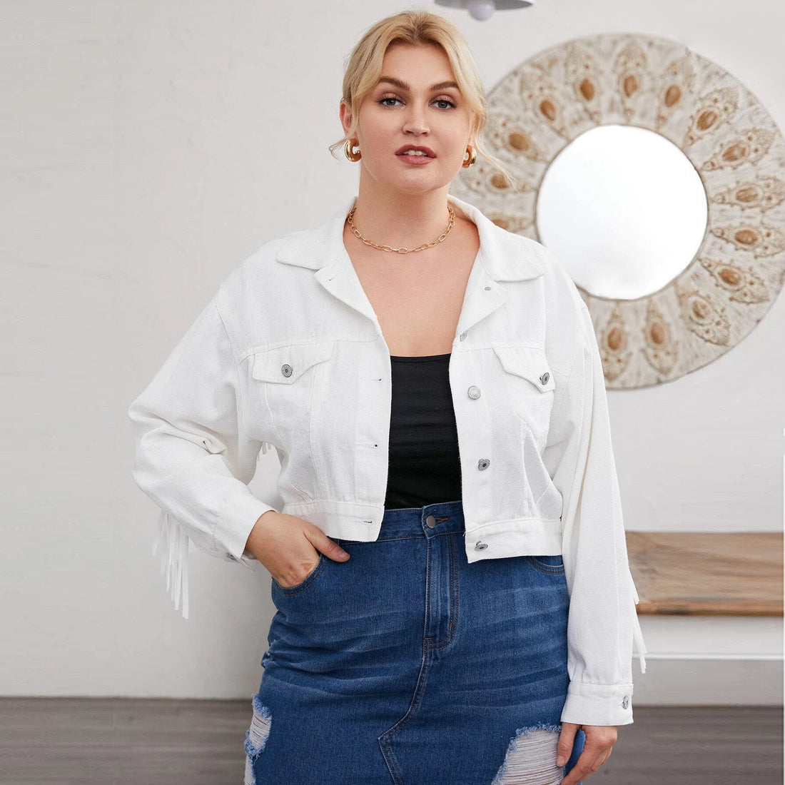 Curvy Women Denim Jacket Tassel Short Stitching Plus Size Jacket