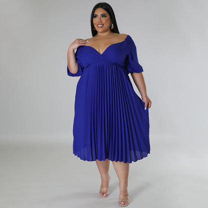 Curvy Women Clothing V neck Hem Pleated Short Sleeve Dress