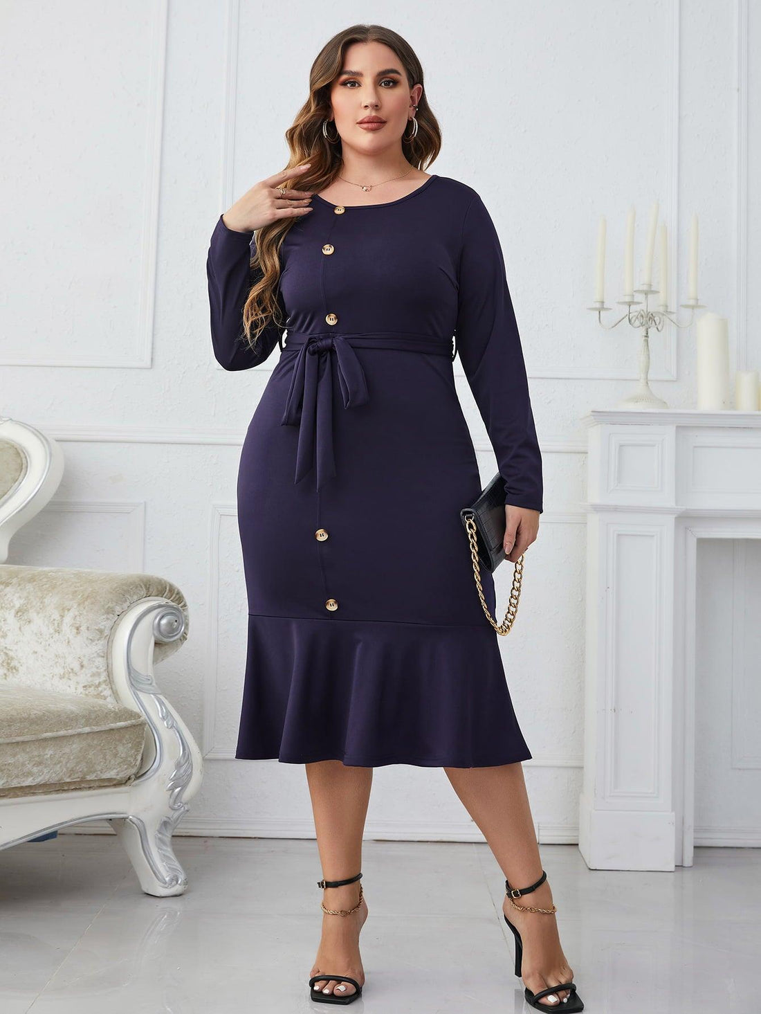 Melo Apparel Plus Size Buttoned Round Neck Tie Belt Midi Dress - BoldlyCurvy