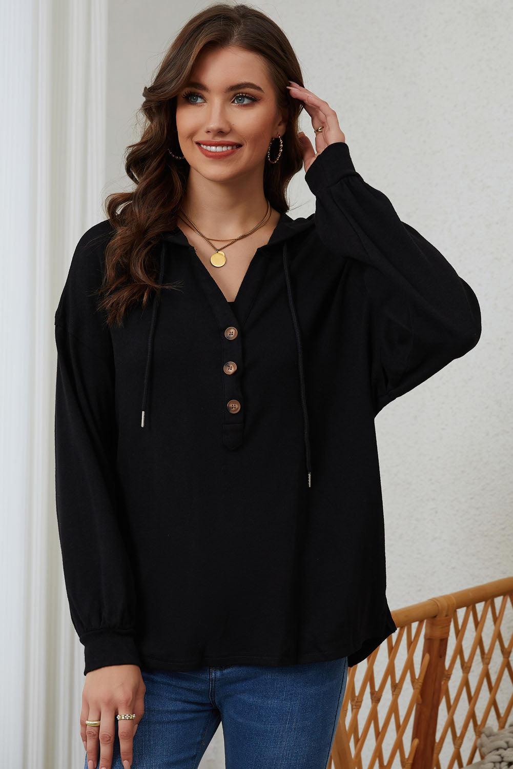 Full Size Buttoned Drop Shoulder High-Low Hoodie - BoldlyCurvy