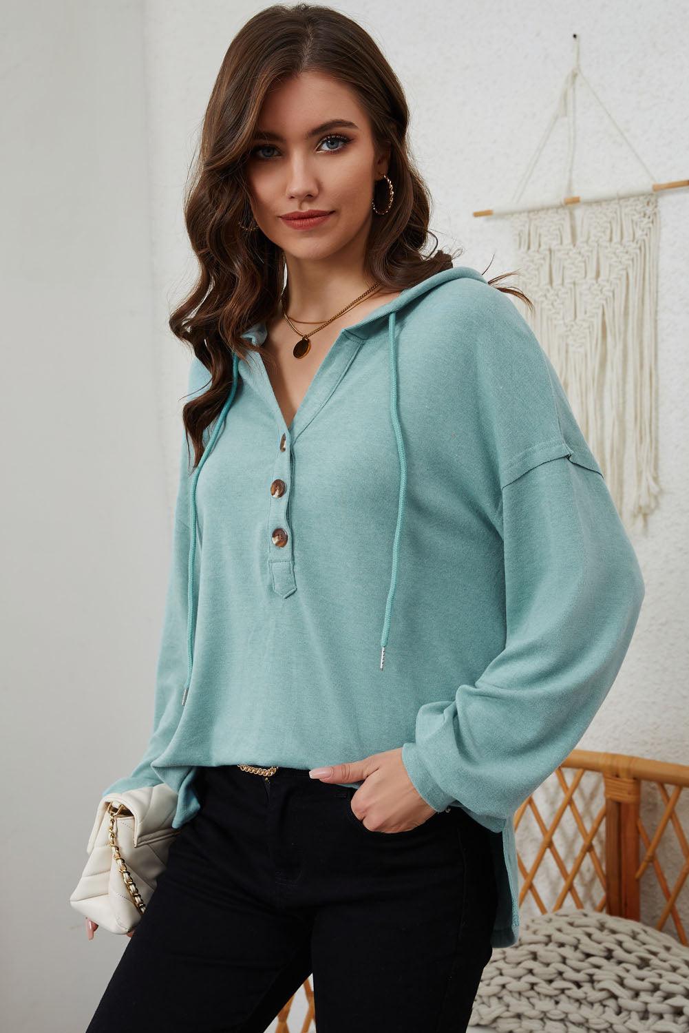 Full Size Buttoned Drop Shoulder High-Low Hoodie - BoldlyCurvy