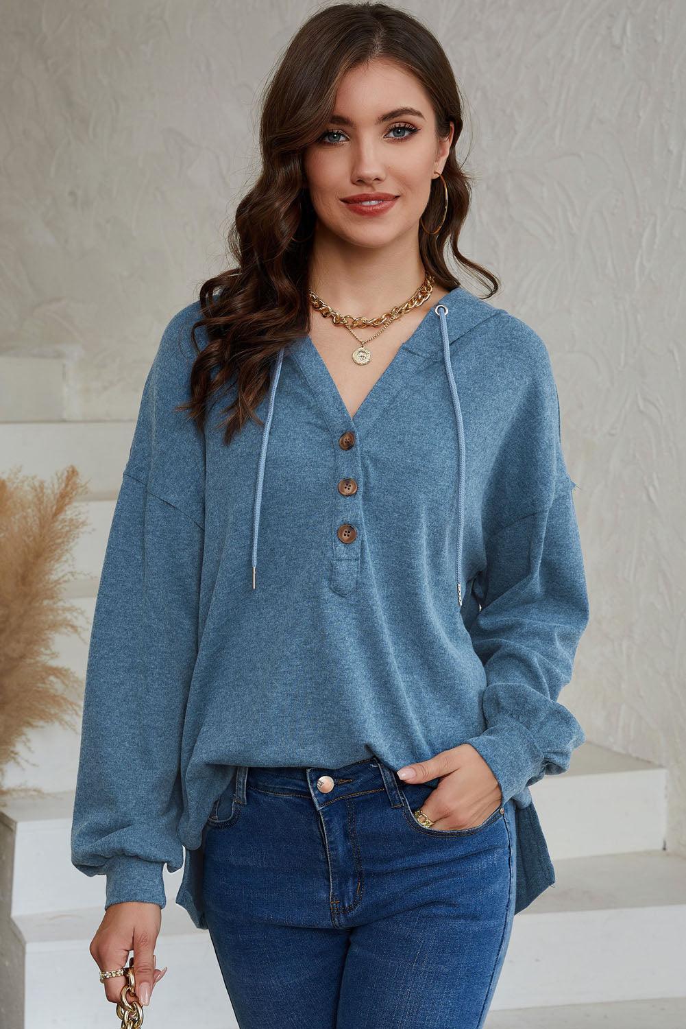 Full Size Buttoned Drop Shoulder High-Low Hoodie - BoldlyCurvy