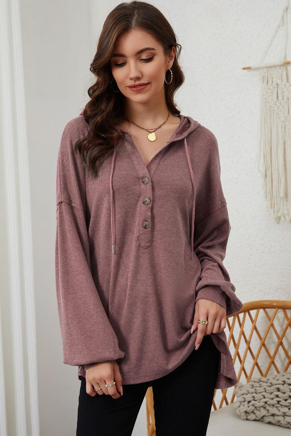 Full Size Buttoned Drop Shoulder High-Low Hoodie - BoldlyCurvy