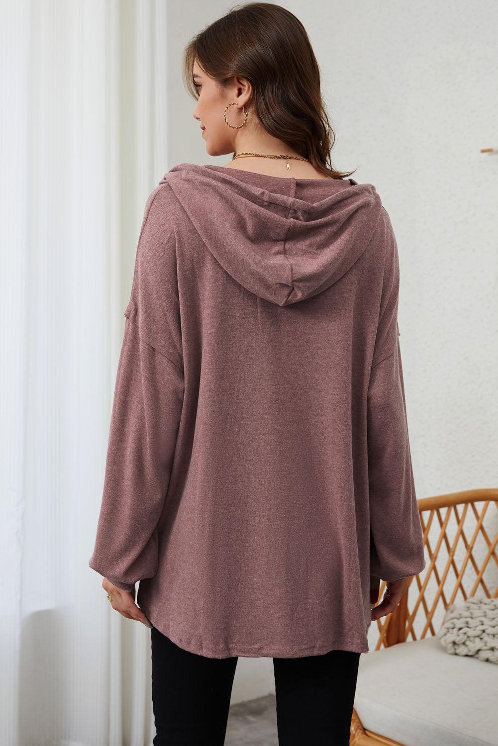 Full Size Buttoned Drop Shoulder High-Low Hoodie - BoldlyCurvy